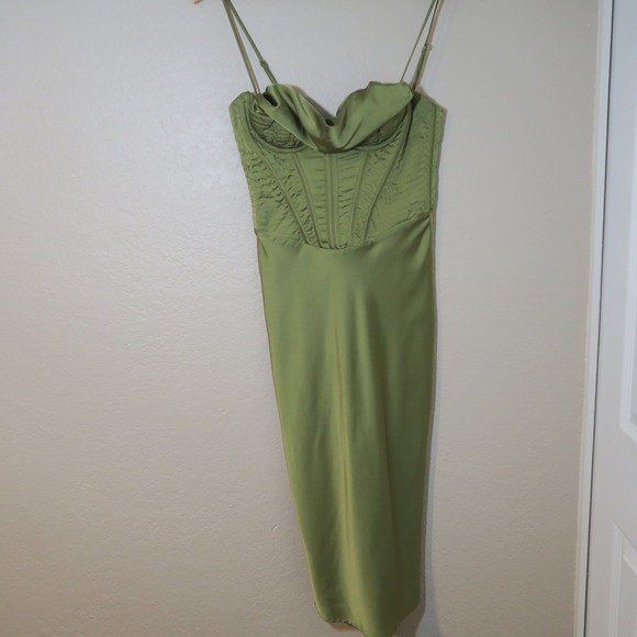 House of CB Myrna Olive Corset Satin Slip Dress Timeless Elegant - Picture 2 of 14